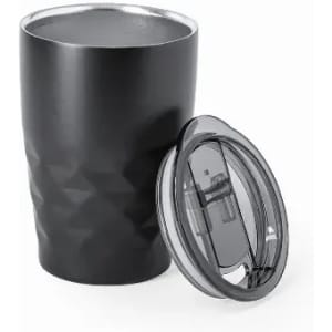 A drink bottle in matte black with a textured diamond pattern and a clear plastic lid.