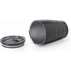 A drink bottle in matte black with a textured design and a removable lid.