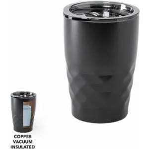 A drink bottle in matte black with a textured design and a shiny silver rim, featuring a logo on the side.