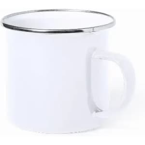A drink bottle with a white body and a metallic rim, featuring a handle.