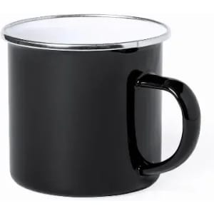 A drink mug in black with a glossy finish and a white interior, featuring a classic handle.