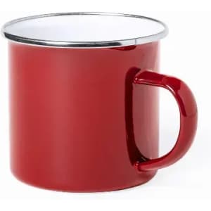 A red enamel mug with a silver rim and a curved handle. The interior is white.