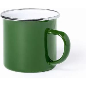 A green drink mug with a white inner lining and a silver rim, featuring a sturdy handle.