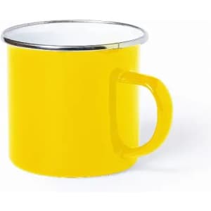 A yellow mug with a white interior and a silver rim, featuring a simple handle.