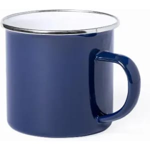 A drink bottle in navy blue with a metallic rim and a sturdy handle. It features a logo on its surface.