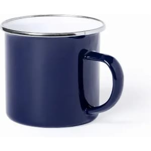 A drink mug in navy blue with a silver rim and a curved handle. It features a simple design.