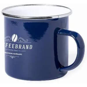 A drink bottle with a blue enamel finish and a white rim, featuring a handle and a logo.