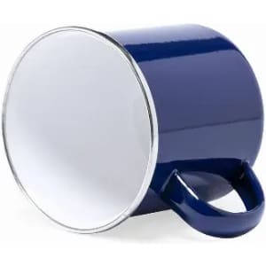 A drink bottle in navy blue with a silver rim and a sturdy handle. It features a logo on the side.
