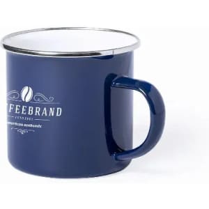 A navy blue enamel mug with a silver rim, featuring a logo on the front and a sturdy handle.