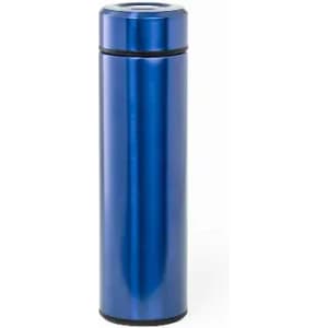 A drink bottle in a shiny blue colour with a cylindrical shape and a screw-on lid. It features a logo.