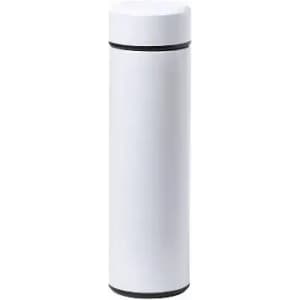 A drink bottle in a sleek, white design with black accents and a fitted cap. It features a logo.
