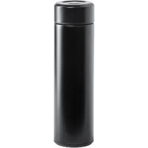 A drink bottle in sleek black, featuring a cylindrical design and a tight-sealing lid, with a logo on the surface.