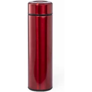 A drink bottle in a shiny red metallic finish, featuring a sleek cylindrical design and a black base.