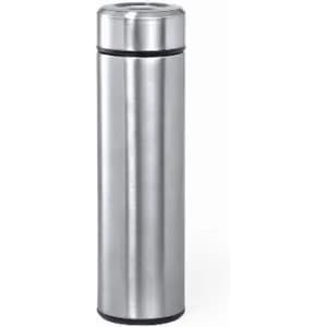 A drink bottle in stainless steel with a sleek, cylindrical design and a silver finish. Features a logo.