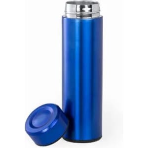 A drink bottle with a sleek blue aluminium exterior and a silver top, accompanied by a matching blue cap.