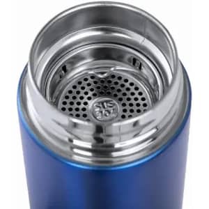A drink bottle with a blue metallic finish, featuring a stainless steel inner lid and a mesh filter.