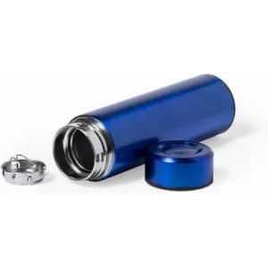 A blue drink bottle with a screw-on cap, featuring a shiny metallic finish and a removable lid.