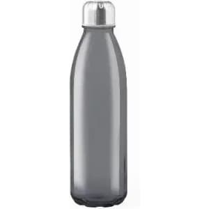 A grey stainless steel drink bottle with a silver cap and a sleek design. It features a branding logo.