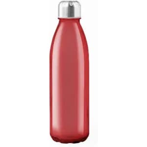 A drink bottle in a bright red colour with a silver cap and a sleek design, featuring a logo.