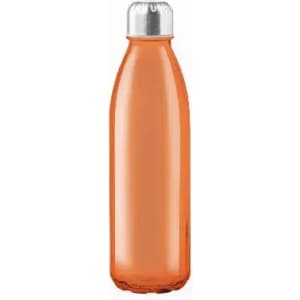 An orange drink bottle with a silver lid and a sleek, modern design, featuring a logo.