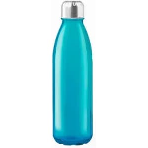 A drink bottle in a vibrant turquoise colour with a silver top and a sleek design. Features a branding logo.