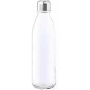A clear glass drink bottle with a silver metal cap, featuring a sleek and simple design.