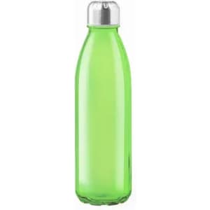A green drink bottle with a silver cap. The bottle features a logo on its surface.