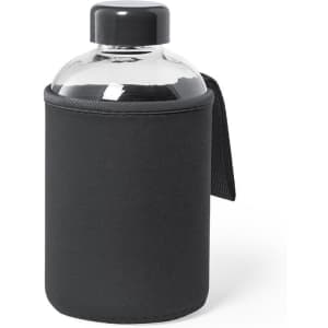 A drink bottle with a clear body, black lid, and a black neoprene sleeve for insulation. It features a handle for easy carrying.