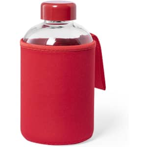 A drink bottle with a clear body, encased in a red neoprene sleeve, featuring a red lid and a carry strap.