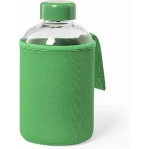 A drink bottle with a clear body and a green fabric sleeve, featuring a green lid and a handle.