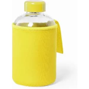 A drink bottle with a transparent body and a bright yellow insulated sleeve. It features a matching yellow lid.