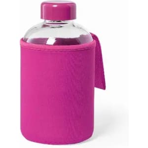 A drink bottle featuring a clear container with a pink neoprene sleeve and a matching pink lid.