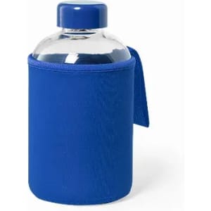 A drink bottle with a blue outer sleeve and a clear body, featuring a blue cap and a handle.
