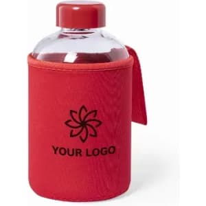 A drink bottle with a clear body, red cap, and a red insulating sleeve featuring a logo.