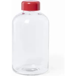 A drink bottle with a clear body and a red lid, featuring a logo on the front.