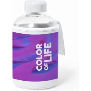 A drink bottle with a transparent body, featuring a vibrant purple and blue design, and a protective fabric sleeve.