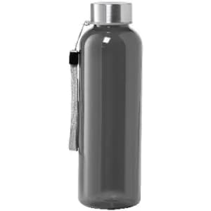 A drink bottle in a sleek grey design with a silver cap and a tassel attached.