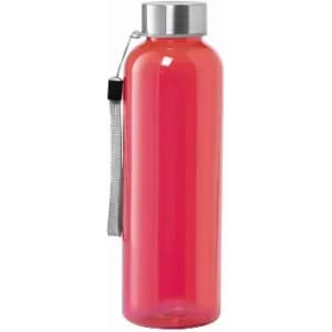 A drink bottle in bright pink with a silver cap and strap. It has a simple cylindrical design and a logo.