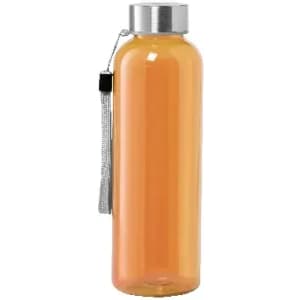A drink bottle in a vibrant orange colour with a stainless steel lid and a tassel detail.