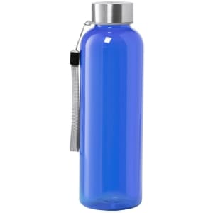 A drink bottle in a vibrant blue colour with a silver lid and a grey carrying strap. Features a logo.