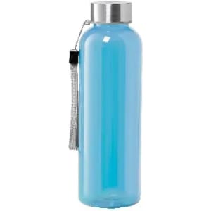 A drink bottle with a sleek design, featuring a light blue body and a silver lid, plus a strap for easy carrying.