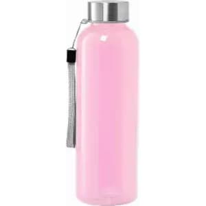 A drink bottle in a soft pink colour with a silver lid and a carrying strap. It features a logo on the side.