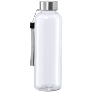 A drink bottle made of clear plastic with a stainless steel lid and a grey strap.