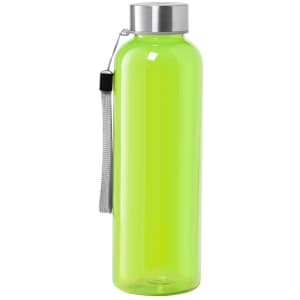 A drink bottle in bright green with a silver lid and a strap for easy carrying. It features a logo on the body.
