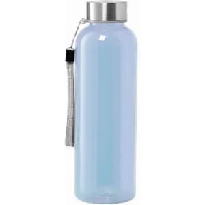 A drink bottle in a light blue shade with a metal cap and silver strap. It features a logo on the surface.