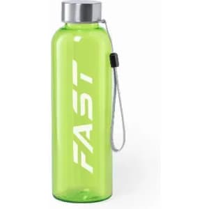 A drink bottle in bright green with a silver cap and a loop handle, featuring a visible logo.