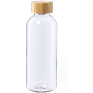 A drink bottle made of clear glass with a bamboo lid. It has a sleek and modern design.