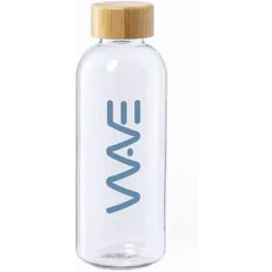 A drink bottle made of clear glass with a bamboo lid and a blue logo design.