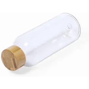 A drink bottle made of clear glass with a wooden bamboo lid.