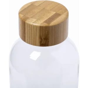 A drink bottle with a clear body and a natural bamboo lid, featuring a sleek, modern design.